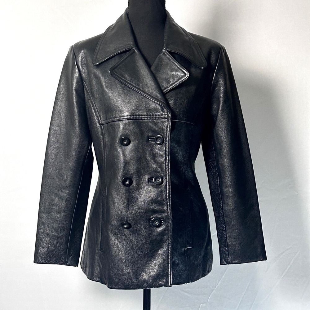 Vintage JNY Petite Black Leather Double Breasted Blazer Jacket Peacoat Womens PM
